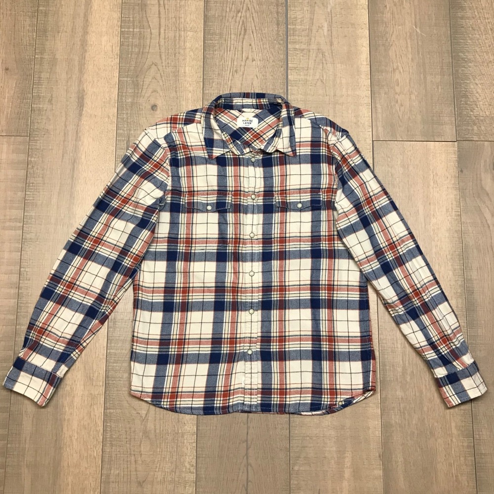 Marine Layer Shirt Mens Size M Blue Red Pearl Snap Plaid Flannel Long Sleeve